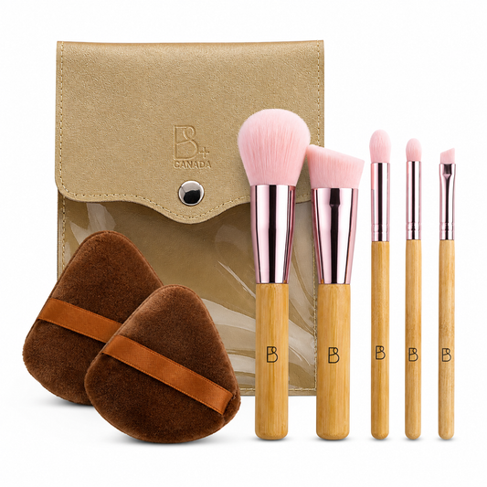 Travel Brush Set: 5 Brushes + Bag + Powder Puff