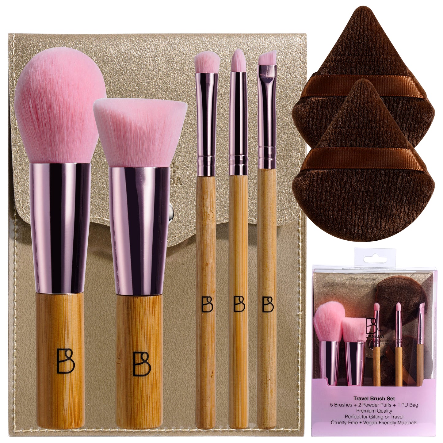 Travel Brush Set: 5 Brushes + Bag + Powder Puff