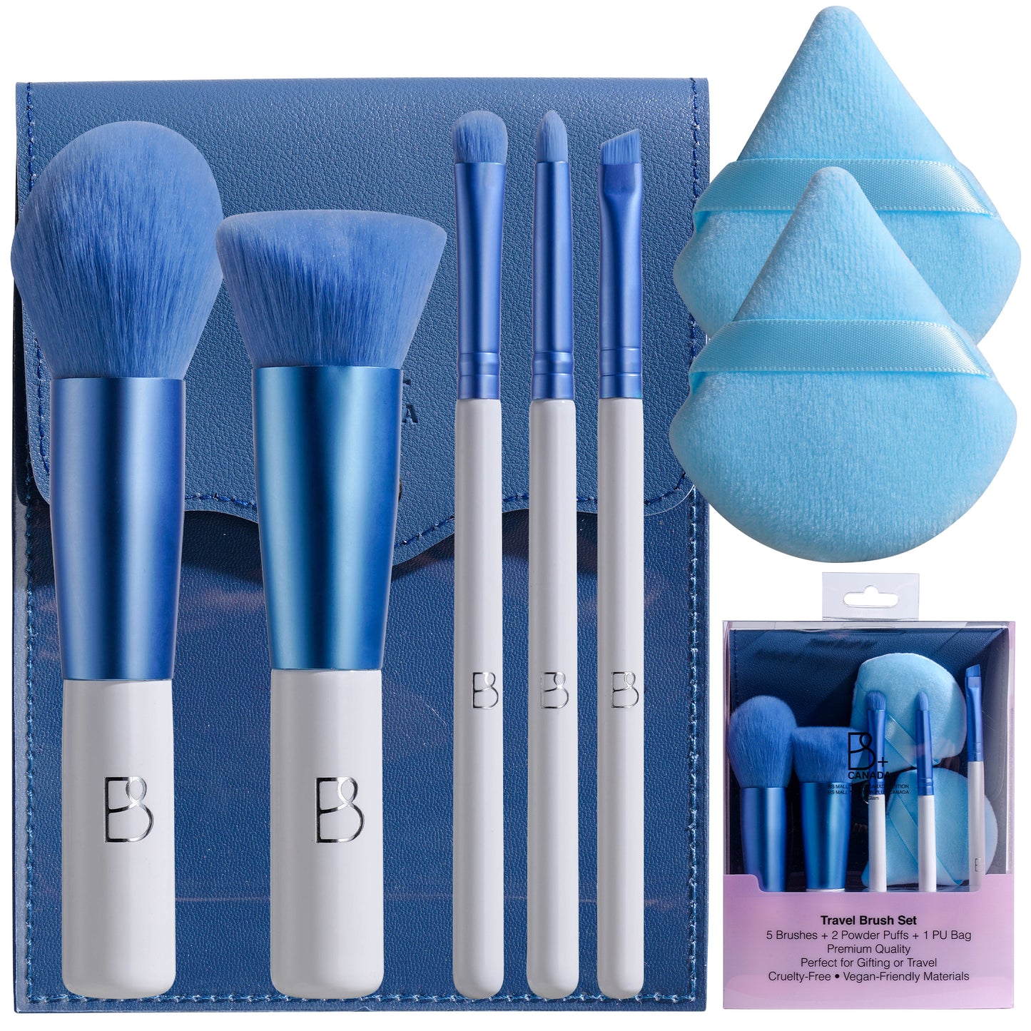 Travel Brush Set: 5 Brushes + Bag + Powder Puff