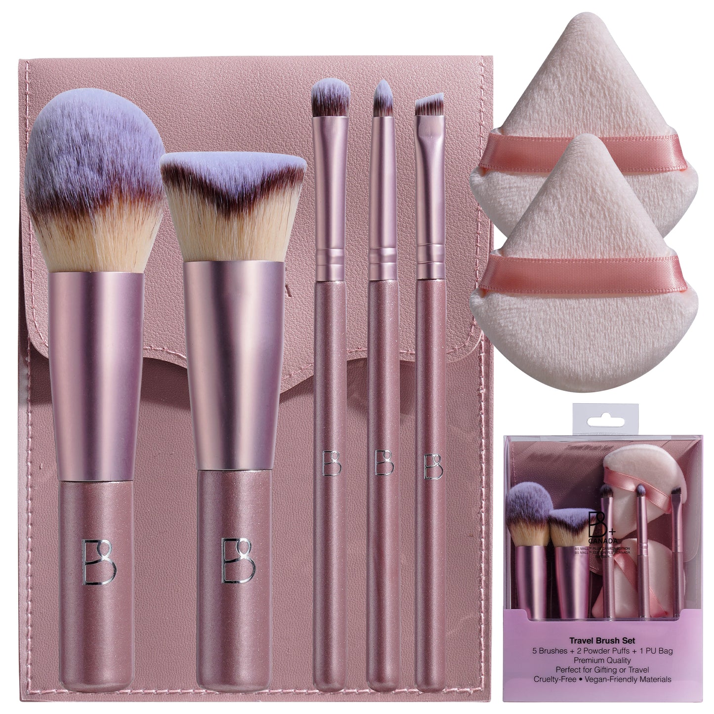Travel Brush Set: 5 Brushes + Bag + Powder Puff