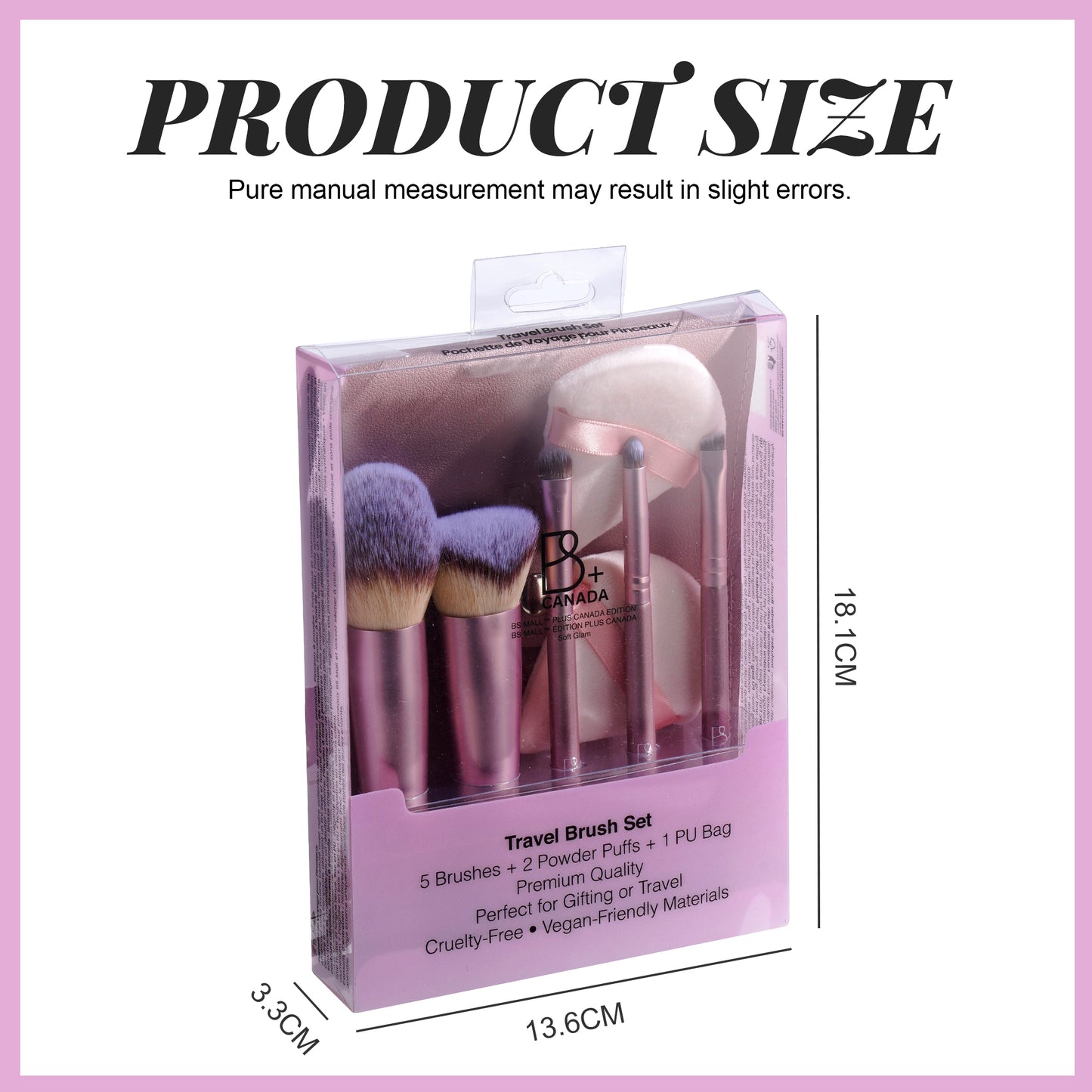 Travel Brush Set: 5 Brushes + Bag + Powder Puff