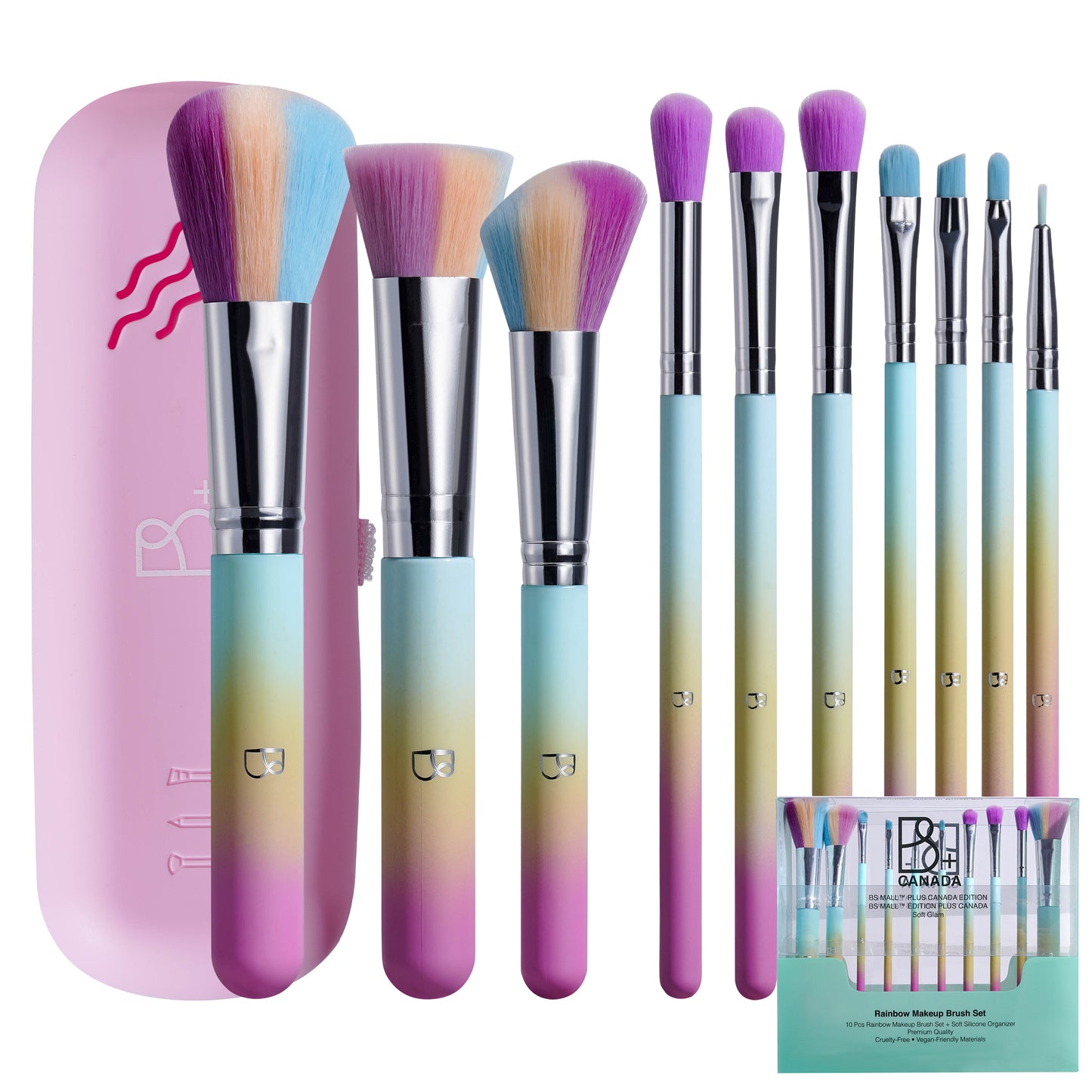 10 Pcs Rainbow Colorful Makeup Brushes + Silicon Bag