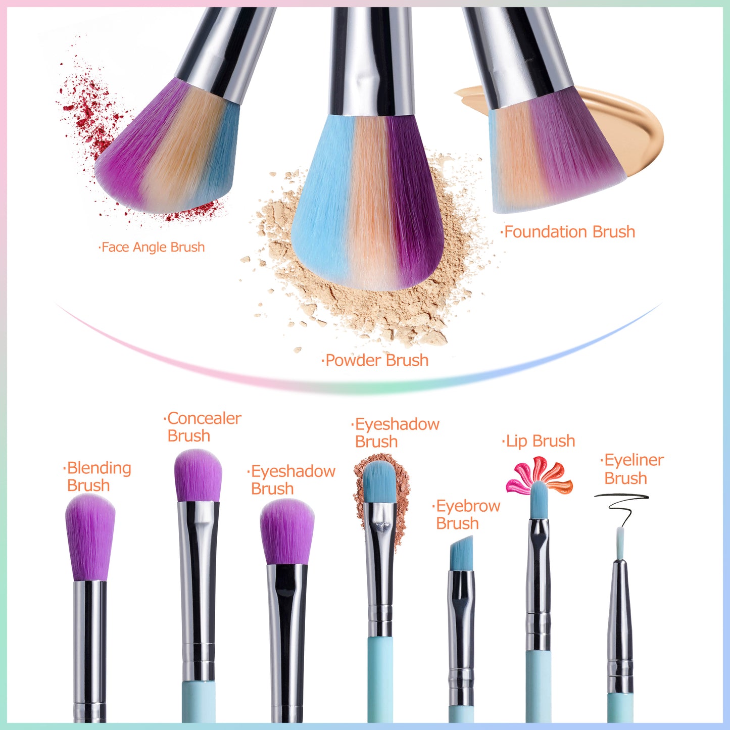 10 Pcs Rainbow Colorful Makeup Brushes + Silicon Bag