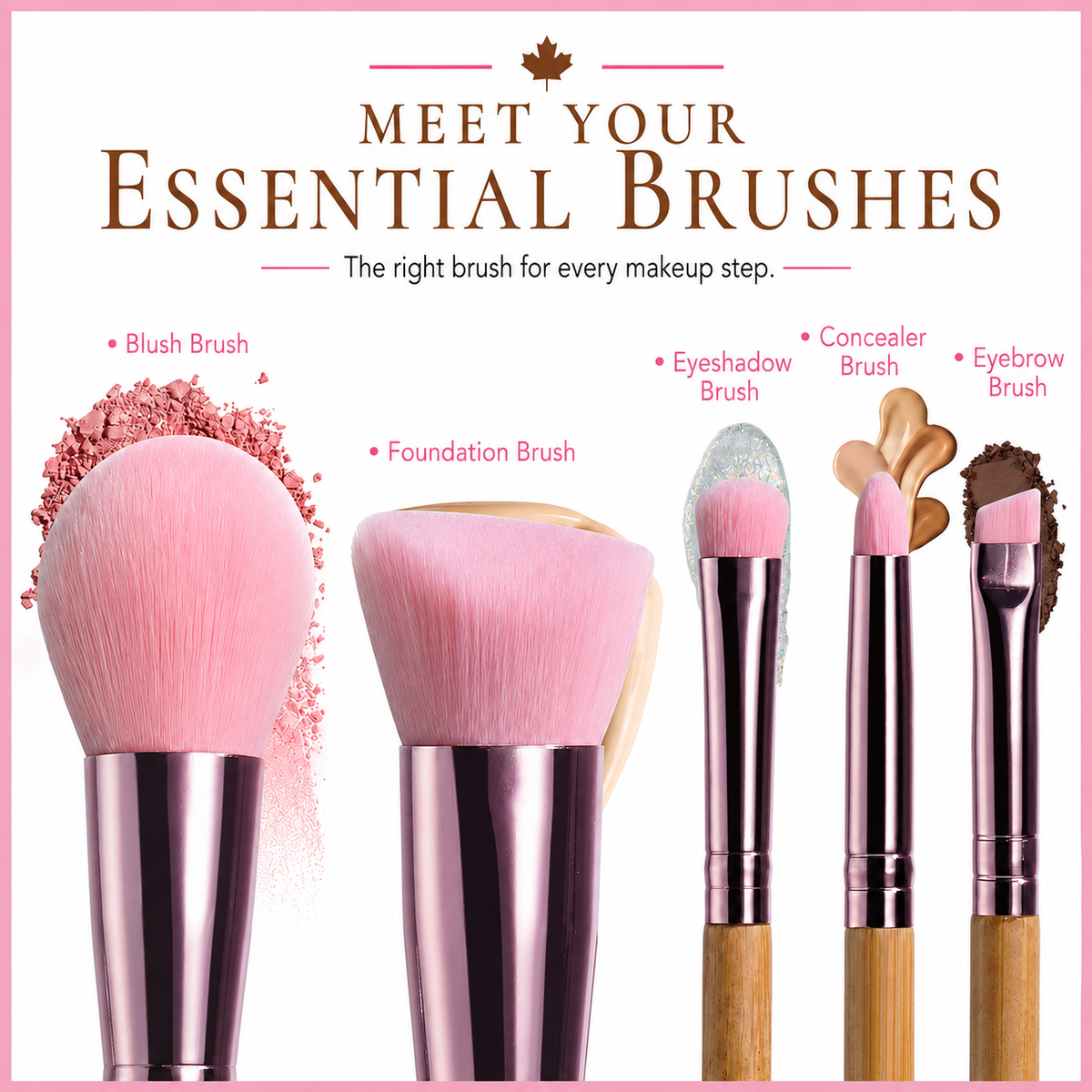 Travel Brush Set: 5 Brushes + Bag + Powder Puff