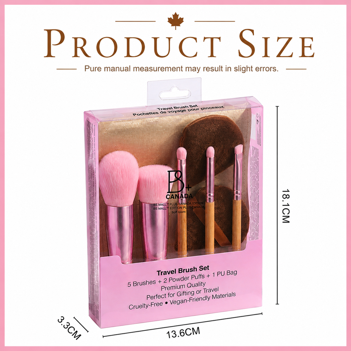 Travel Brush Set: 5 Brushes + Bag + Powder Puff