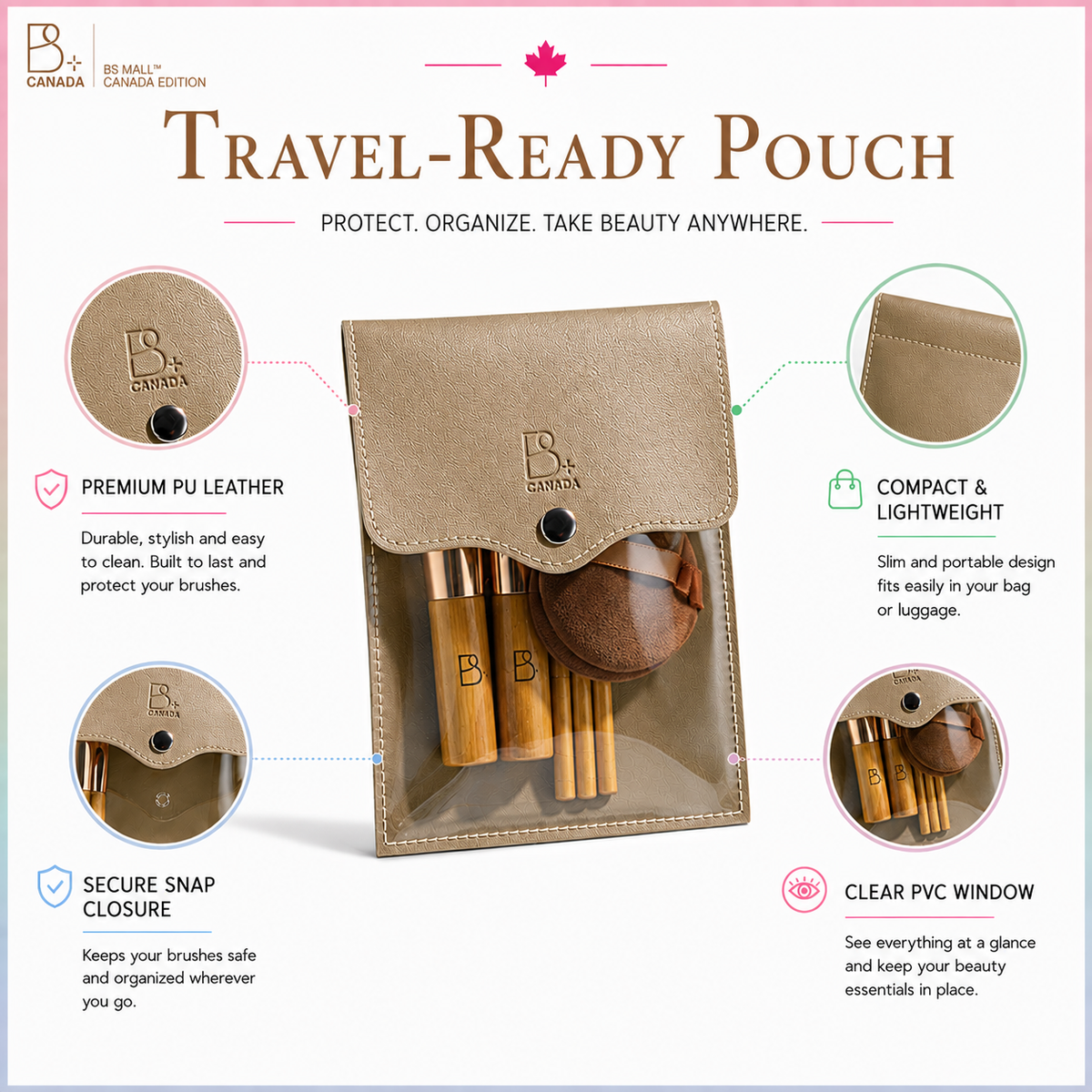 Travel Brush Set: 5 Brushes + Bag + Powder Puff
