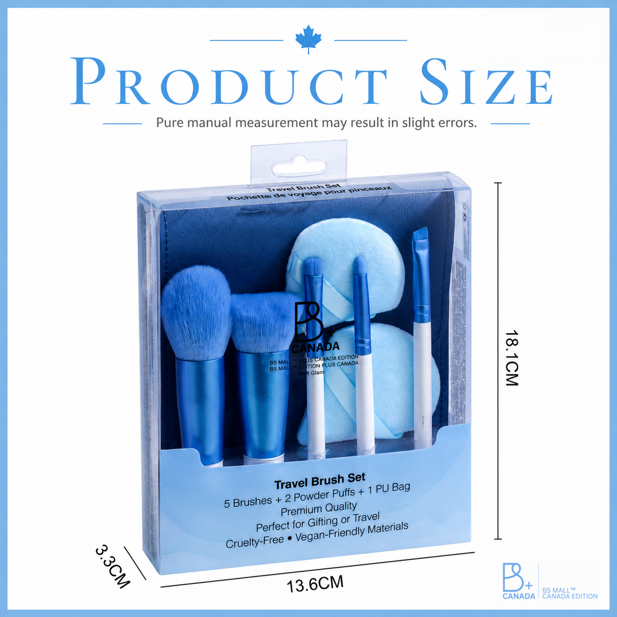 Travel Brush Set: 5 Brushes + Bag + Powder Puff