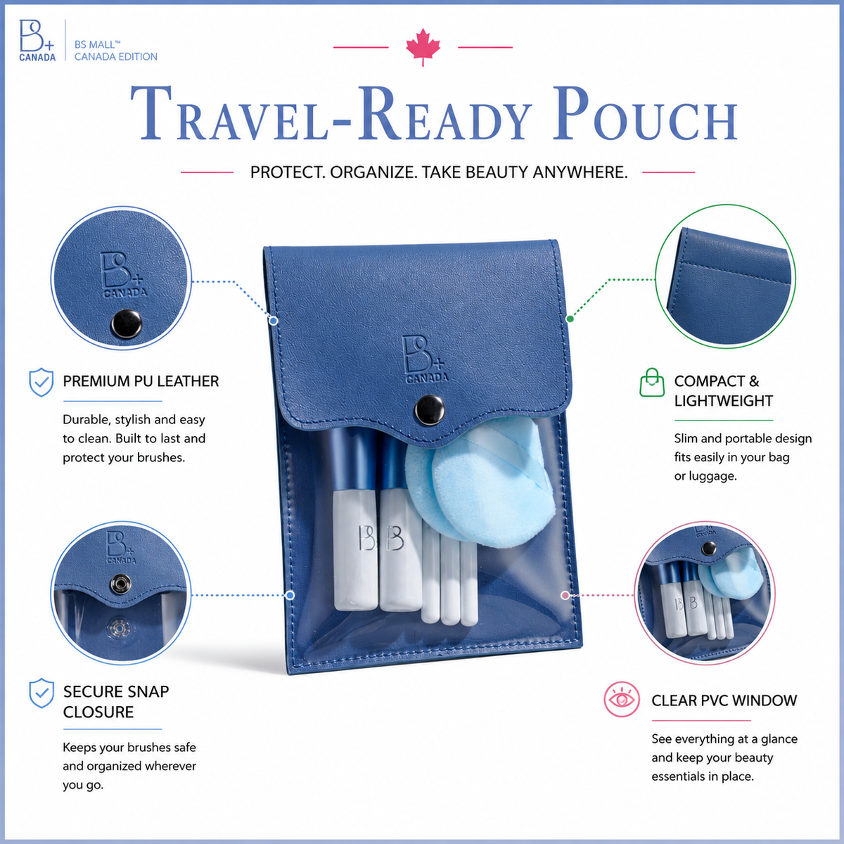 Travel Brush Set: 5 Brushes + Bag + Powder Puff