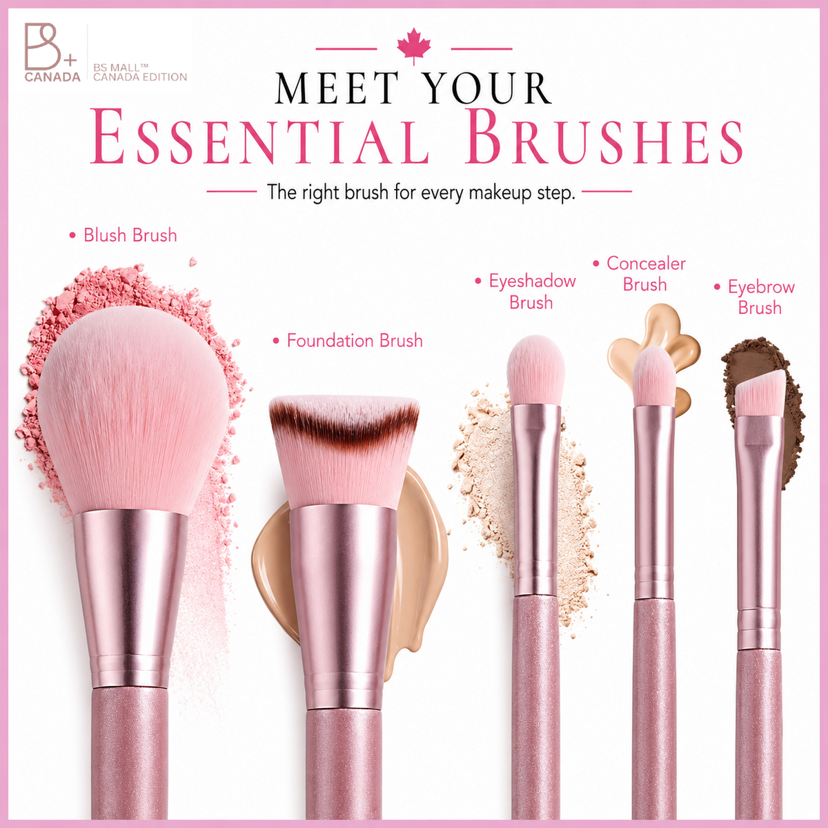 Travel Brush Set: 5 Brushes + Bag + Powder Puff