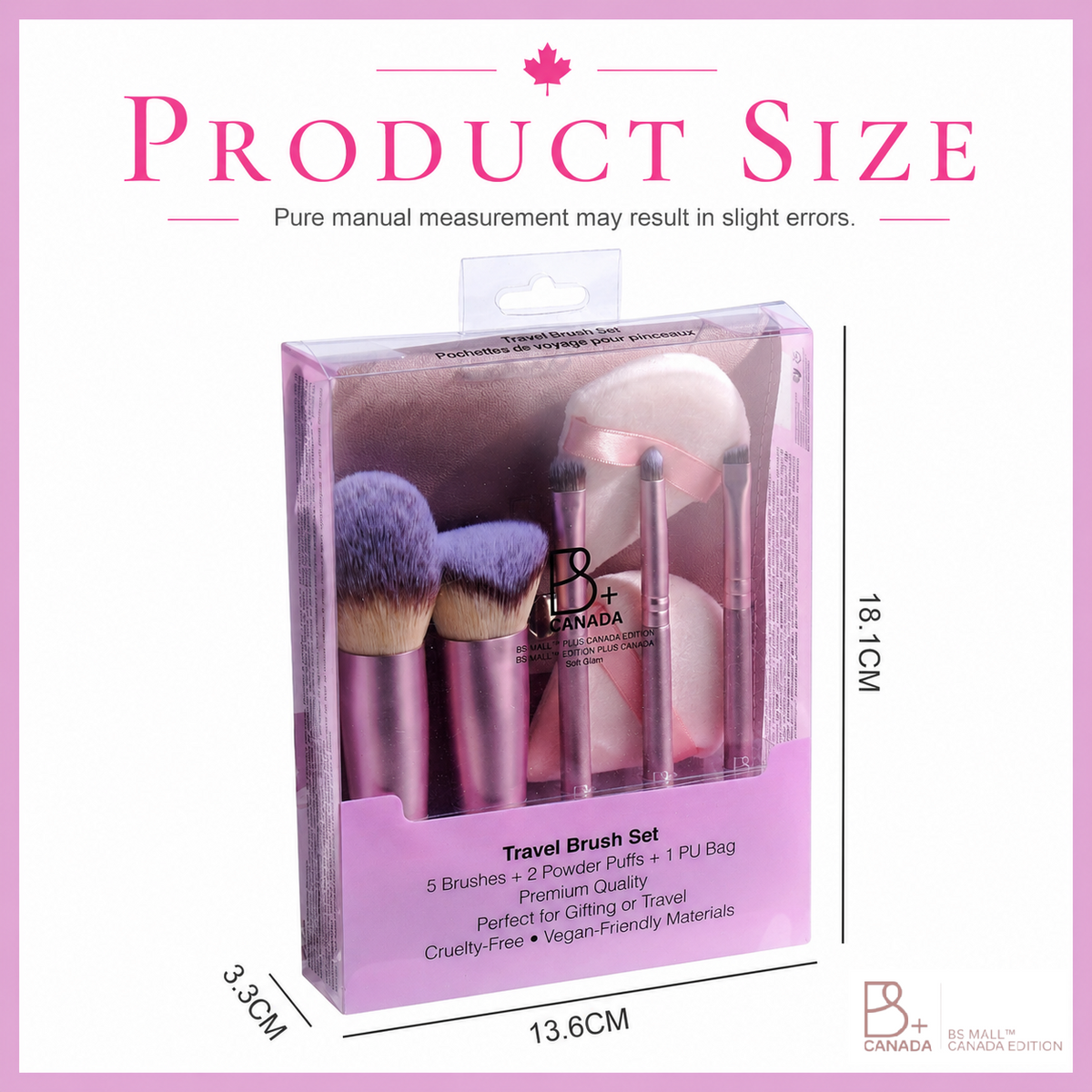 Travel Brush Set: 5 Brushes + Bag + Powder Puff