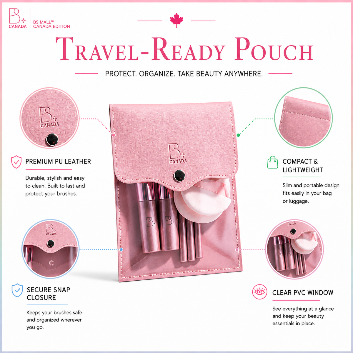Travel Brush Set: 5 Brushes + Bag + Powder Puff