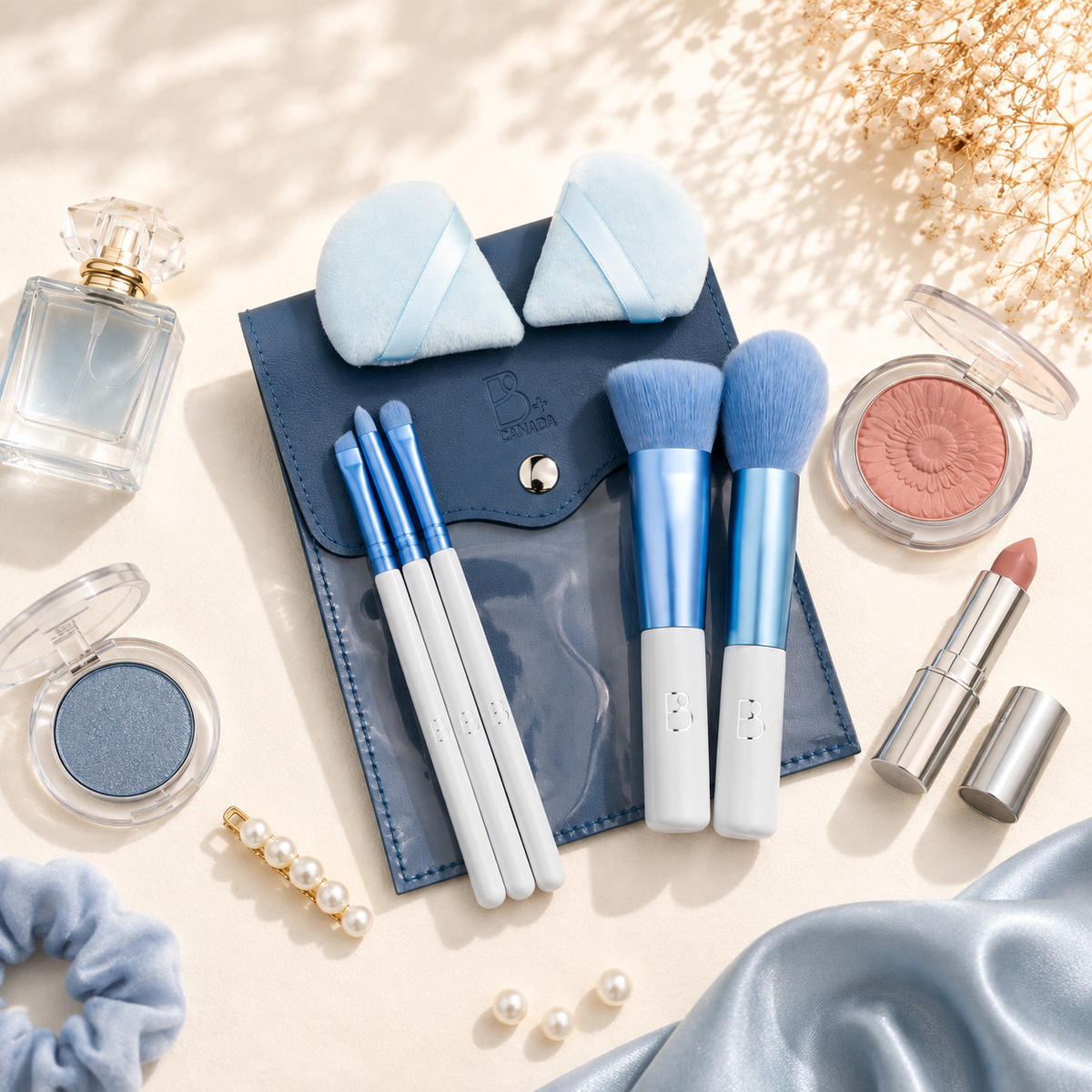 Travel Brush Set: 5 Brushes + Bag + Powder Puff