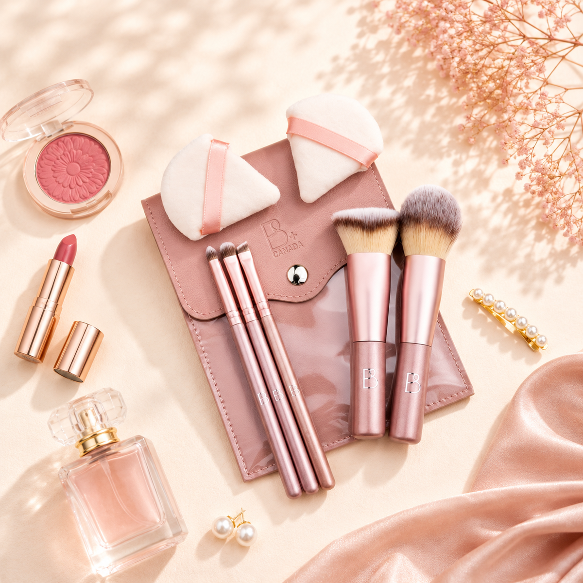Travel Brush Set: 5 Brushes + Bag + Powder Puff